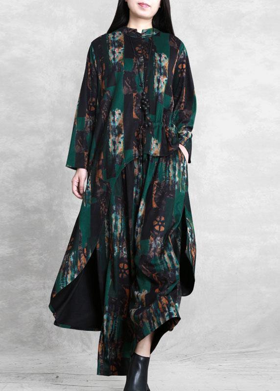 Suit New Two-piece Green Print Irregular Top + Wide Leg Pants