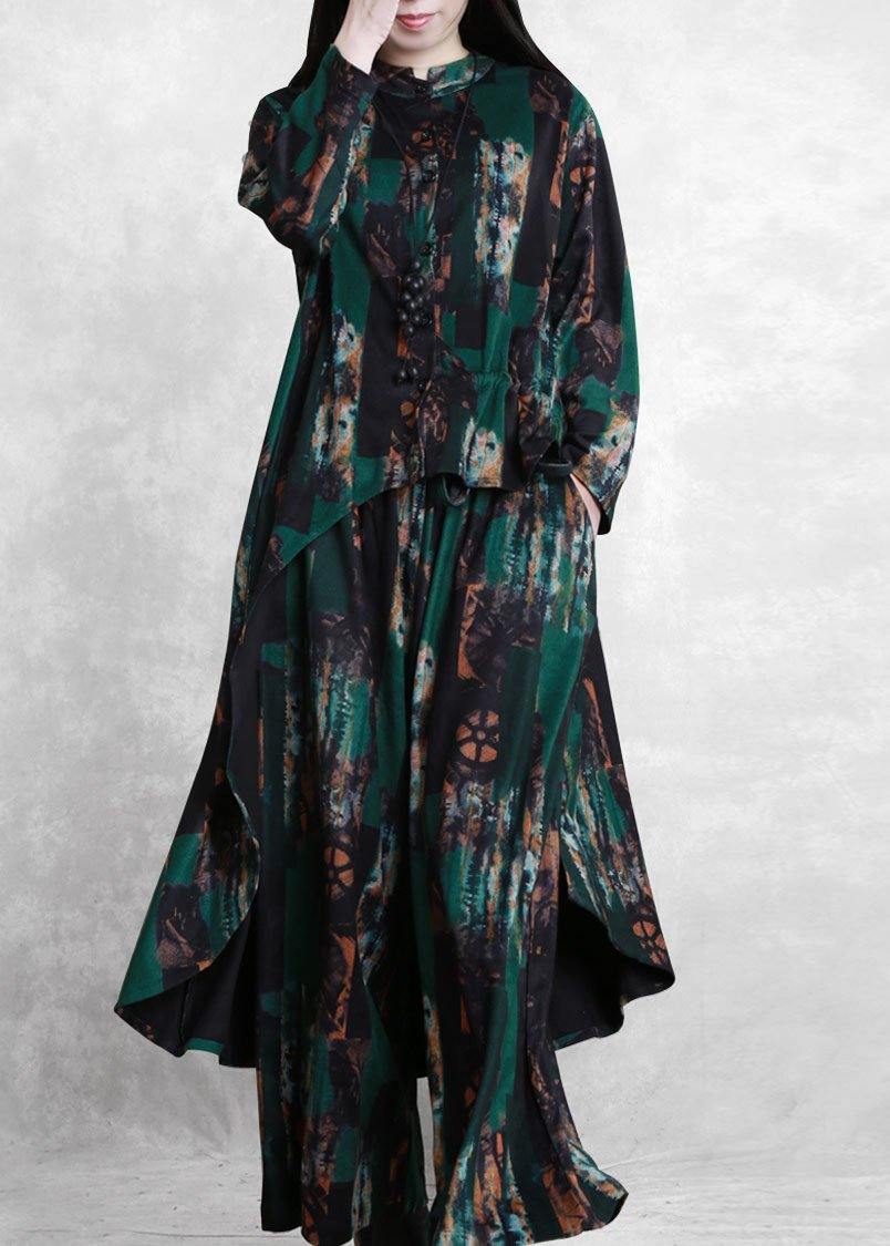 Suit New Two-piece Green Print Irregular Top + Wide Leg Pants