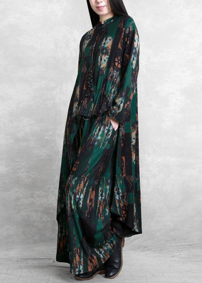 Suit New Two-piece Green Print Irregular Top + Wide Leg Pants