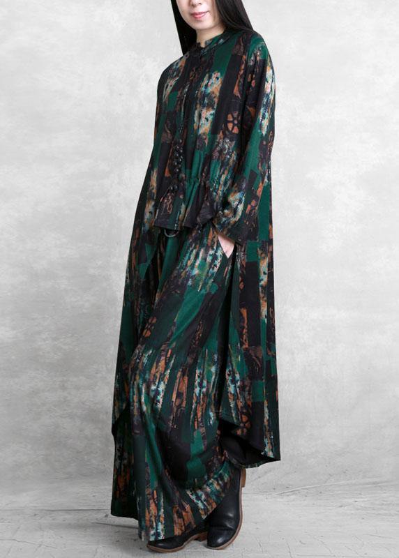 Suit New Two-piece Green Print Irregular Top + Wide Leg Pants