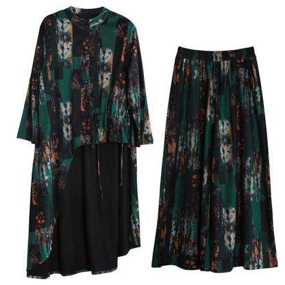 Suit New Two-piece Green Print Irregular Top + Wide Leg Pants