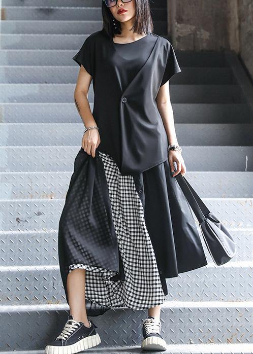 Summer Mid-length A-line Skirt High Waist Black Stitching Chiffon Plaid Skirt