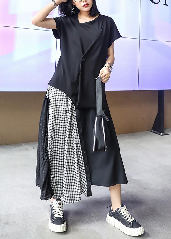 Summer Mid-length A-line Skirt High Waist Black Stitching Chiffon Plaid Skirt