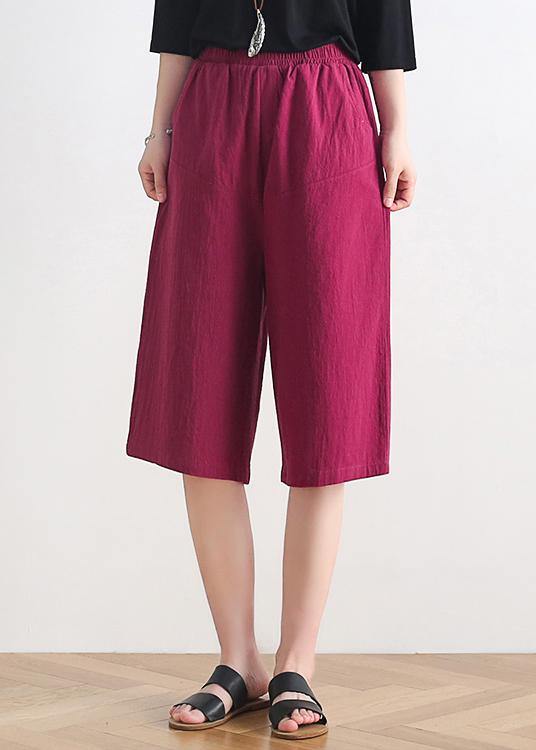 Summer New Loose High Waist Five Points Wide Leg Pants Linen Burgundy Straight Shorts