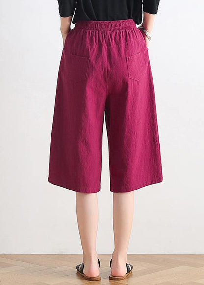 Summer New Loose High Waist Five Points Wide Leg Pants Linen Burgundy Straight Shorts