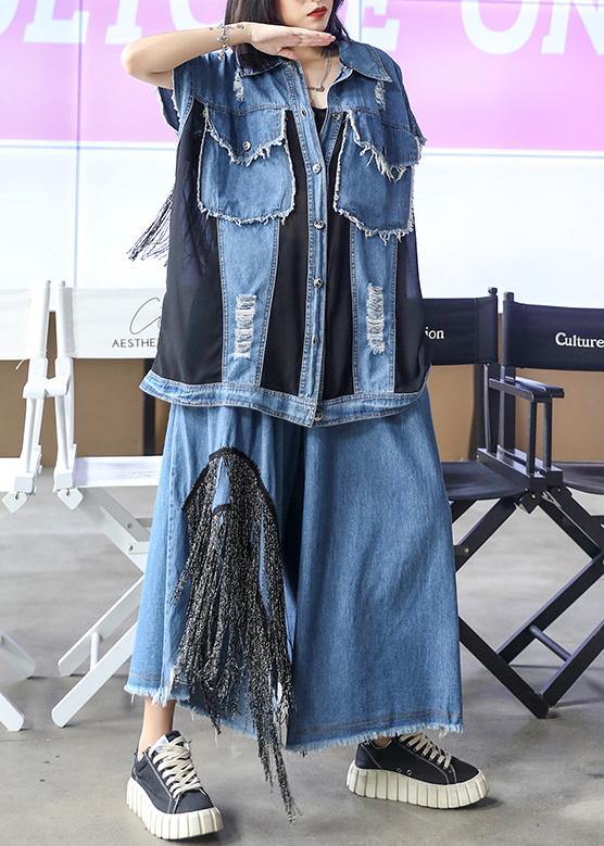 Sold Out- Large Size Thin Western Denim Blue Vest Wide Leg Pants Two-piece Suit