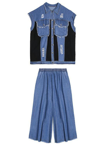 Sold Out- Large Size Thin Western Denim Blue Vest Wide Leg Pants Two-piece Suit