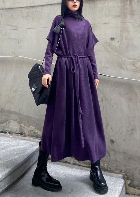 Winter Loose Sweater Vest Skirt Bottoming Shirt Two Piece Suit Purple Skirt
