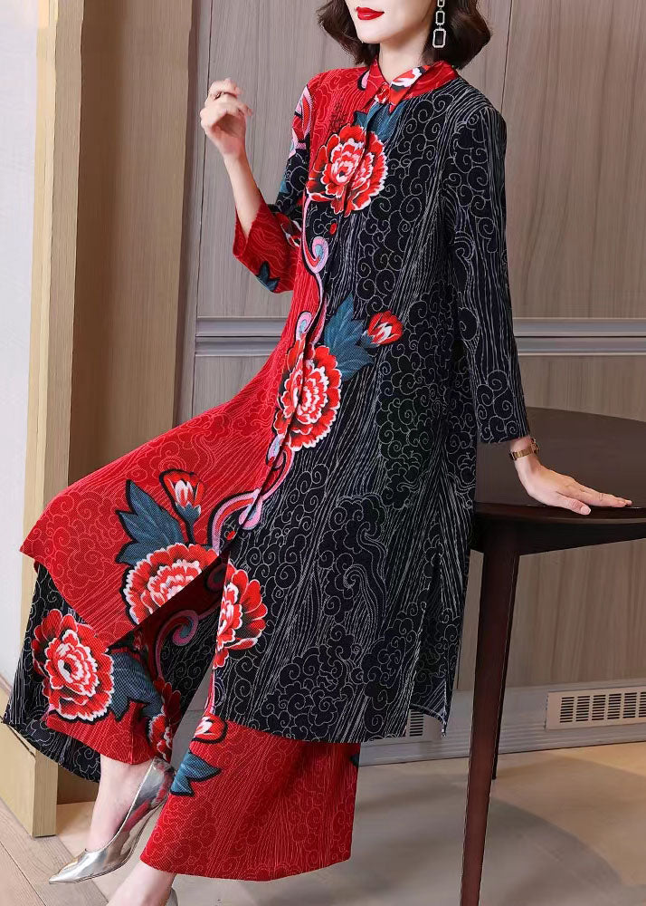 Retro Long Green Printed Cardigan Shirt Jacket Wide Leg Pants Two-piece Suit