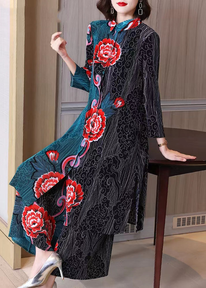 Retro Long Green Printed Cardigan Shirt Jacket Wide Leg Pants Two-piece Suit