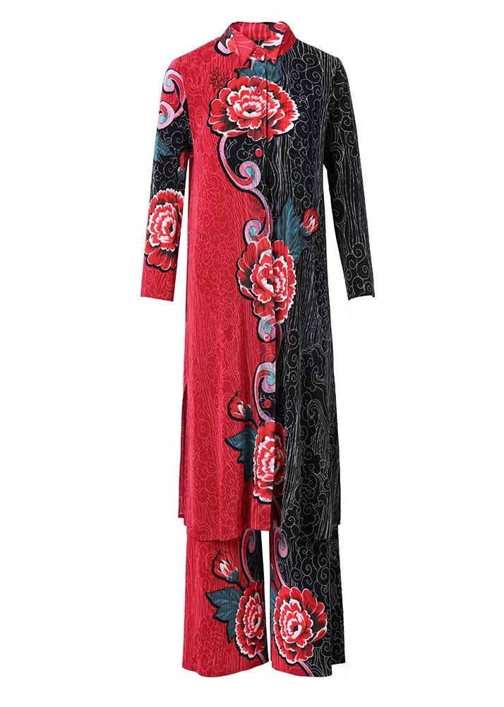 Retro Long Green Printed Cardigan Shirt Jacket Wide Leg Pants Two-piece Suit