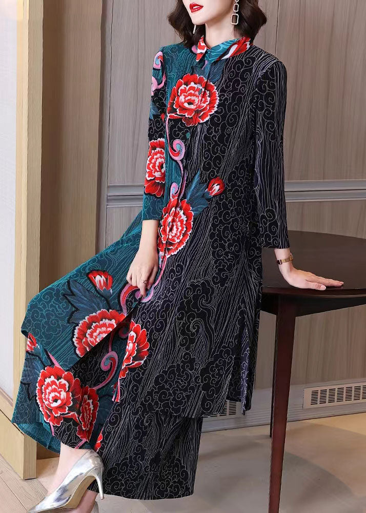 Retro Long Green Printed Cardigan Shirt Jacket Wide Leg Pants Two-piece Suit