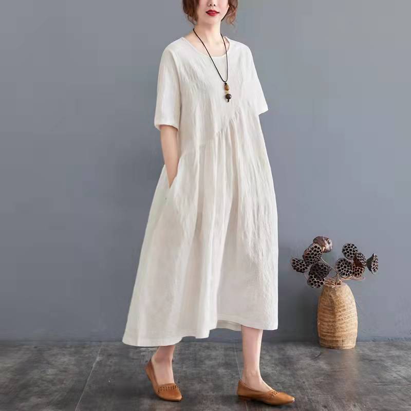 O Neck Cinched Cotton Linen Clothes Wardrobes Red Dress Summer