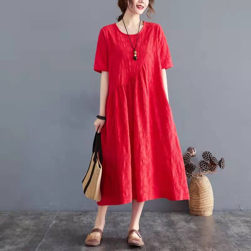 O Neck Cinched Cotton Linen Clothes Wardrobes Red Dress Summer
