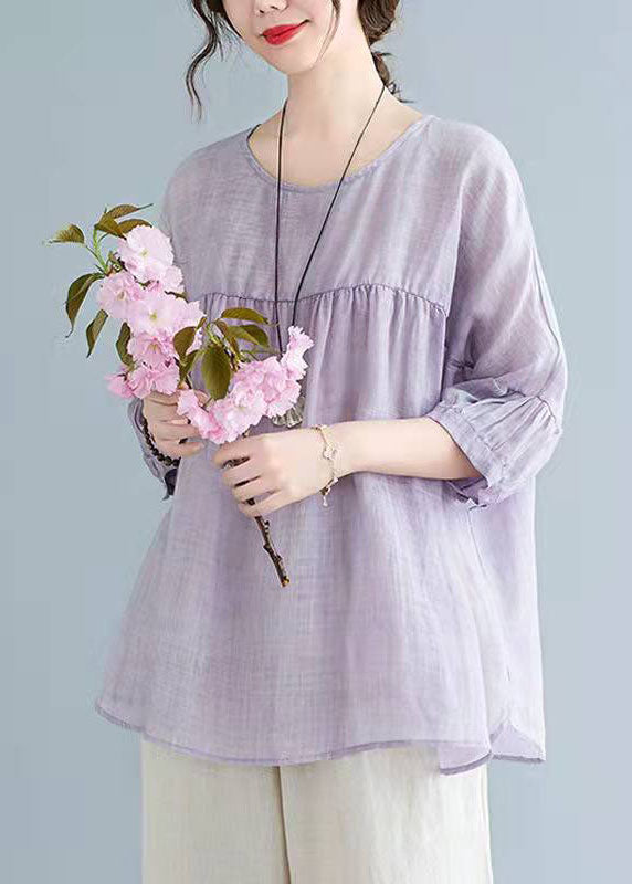 O Neck Half Sleeve Linen Summer Tunic Pattern Sewing Blue Shirt