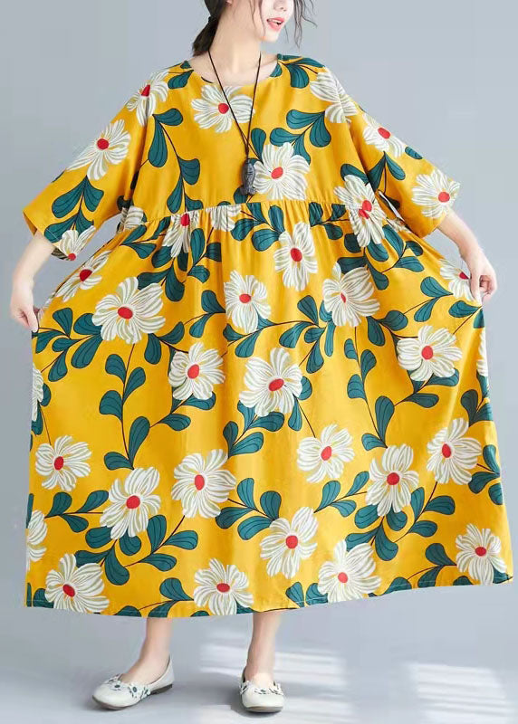 O Neck Tie Waist Cotton Clothes for Pakistani Wardrobes Yellow Print Tunic Dress Summer