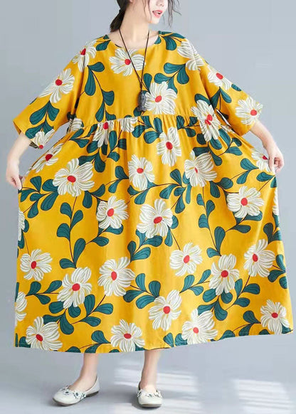 O Neck Tie Waist Cotton Clothes for Pakistani Wardrobes Yellow Print Tunic Dress Summer