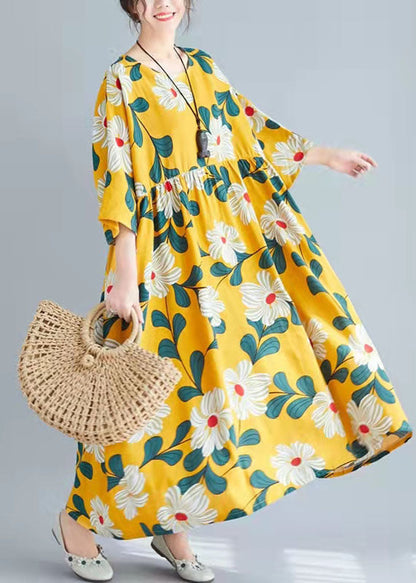 O Neck Tie Waist Cotton Clothes for Pakistani Wardrobes Yellow Print Tunic Dress Summer