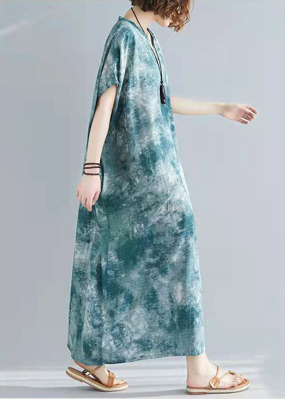 V Neck Cotton Tunic Top Shape Green Prints Dresses Summer