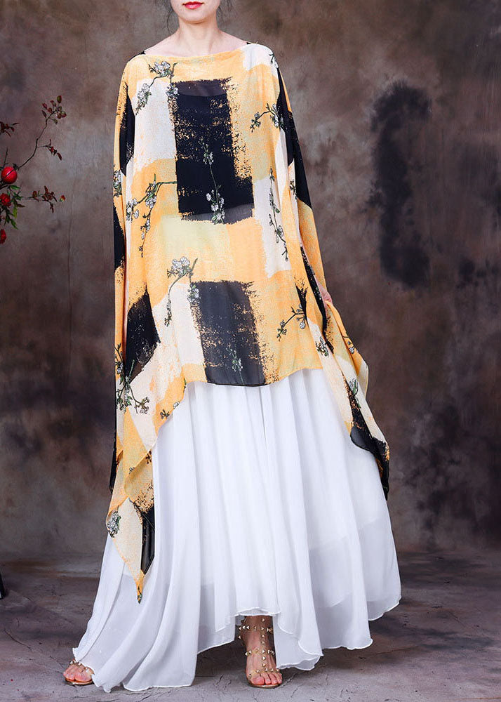 Yellow Black Print Chiffon Upf 50+ Top Asymmetrical Design Batwing Sleeve