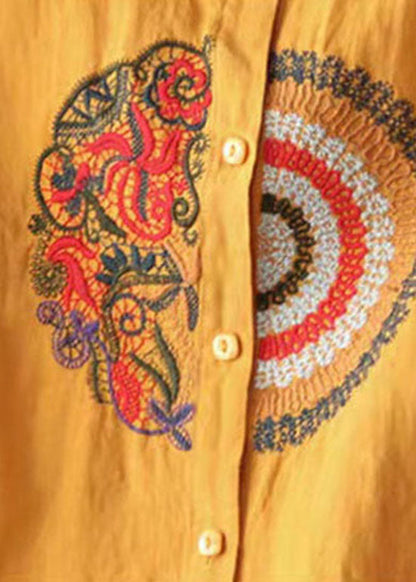Yellow Button Casual Linen Shirt Tops Stand Collar Long Sleeve