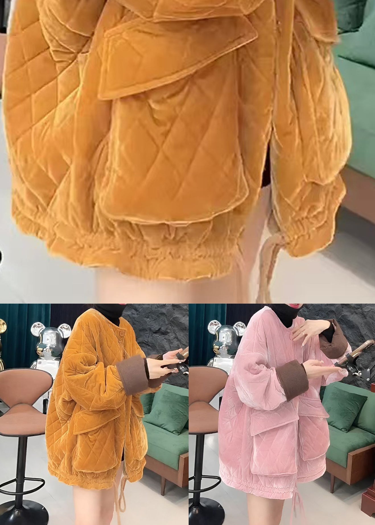 Yellow Button Pockets Cotton Filled Winter Parkas O Neck