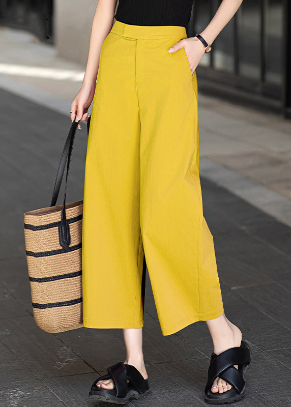 Yellow Button Pockets Cotton Summer Crop Pants High Waist