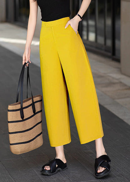 Yellow Button Pockets Cotton Summer Crop Pants High Waist