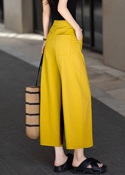 Yellow Button Pockets Cotton Summer Crop Pants High Waist