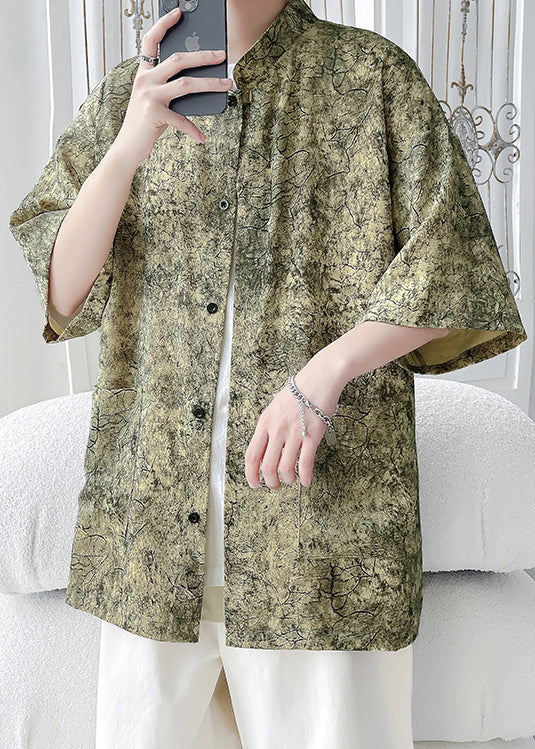 Yellow Button Print Ice Silk Shirts Stand Collar Summer