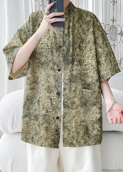 Yellow Button Print Ice Silk Shirts Stand Collar Summer