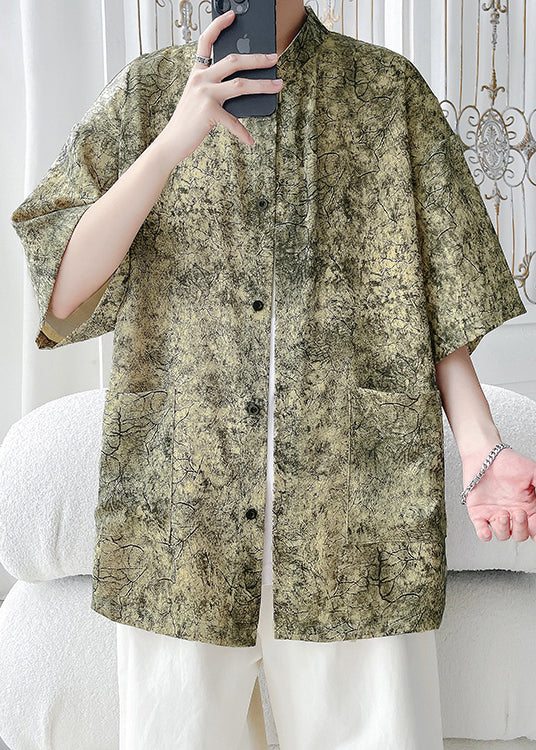 Yellow Button Print Ice Silk Shirts Stand Collar Summer