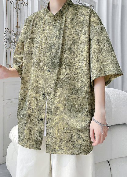 Yellow Button Print Ice Silk Shirts Stand Collar Summer