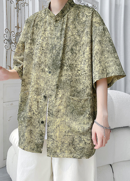 Yellow Button Print Ice Silk Shirts Stand Collar Summer