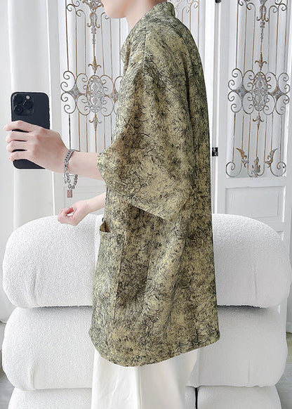 Yellow Button Print Ice Silk Shirts Stand Collar Summer