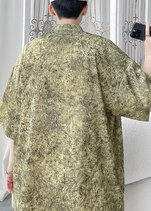Yellow Button Print Ice Silk Shirts Stand Collar Summer