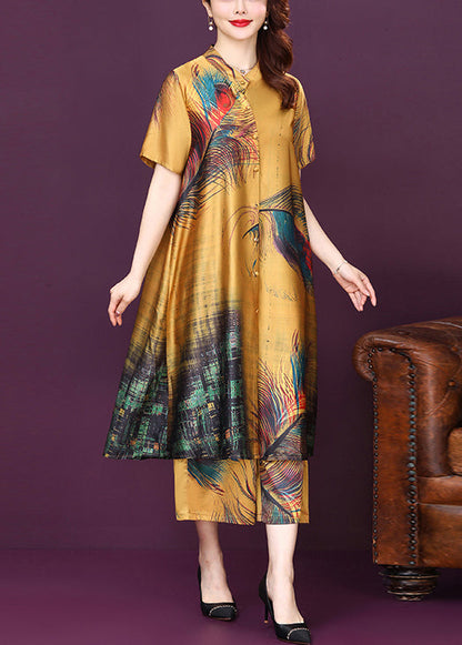 Yellow Button Print Silk Shirt Top and Pants Sets Two Pieces High Waist Summer