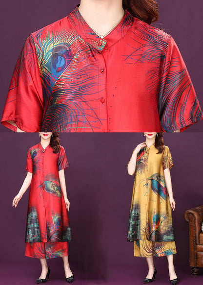 Yellow Button Print Silk Shirt Top and Pants Sets Two Pieces High Waist Summer