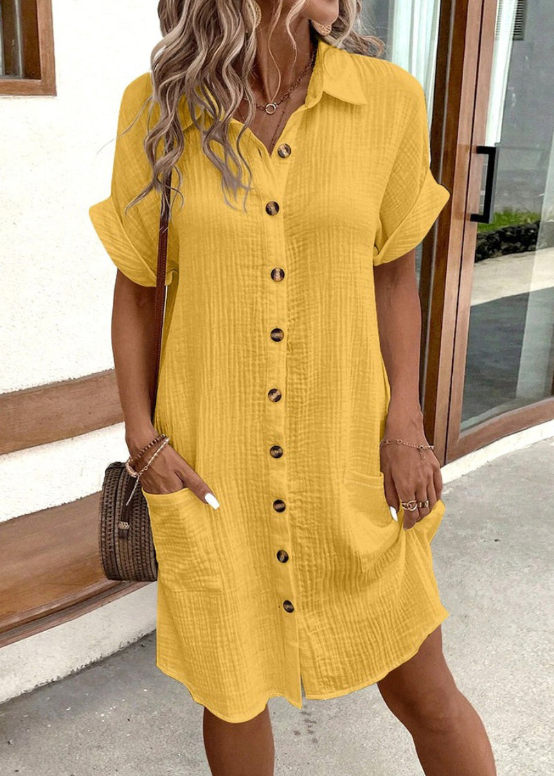 Yellow Button Cotton Dress Peter Pan Collar Short Sleeve