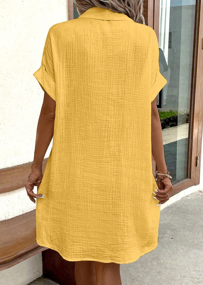 Yellow Button Cotton Dress Peter Pan Collar Short Sleeve