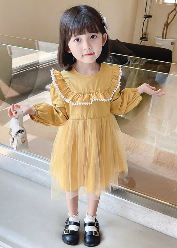 Yellow Button Tulle Patchwork Cotton Kids Dress Long Sleeve