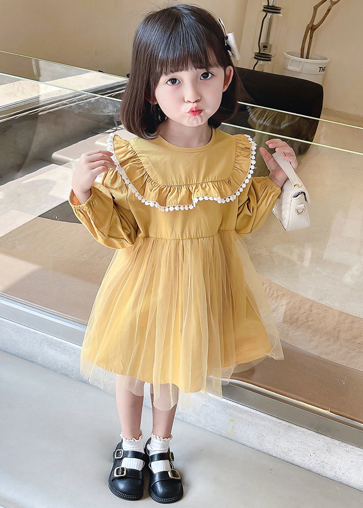Yellow Button Tulle Patchwork Cotton Kids Dress Long Sleeve