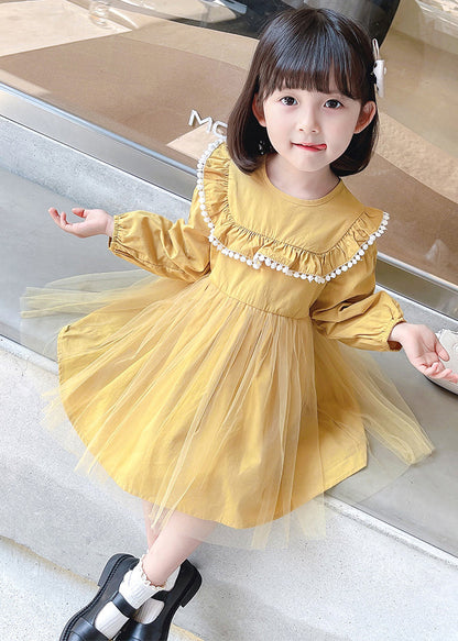 Yellow Button Tulle Patchwork Cotton Kids Dress Long Sleeve