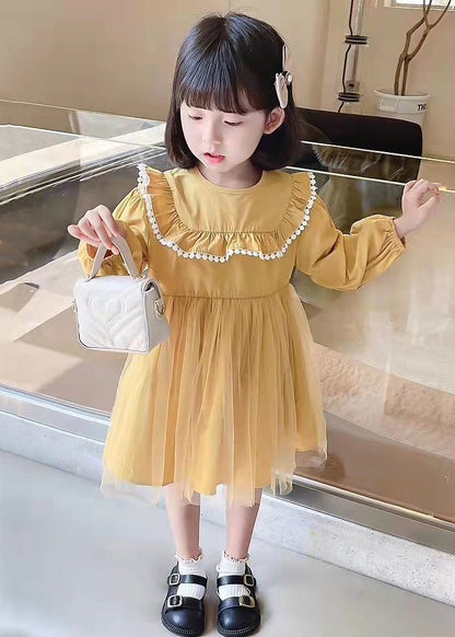 Yellow Button Tulle Patchwork Cotton Kids Dress Long Sleeve