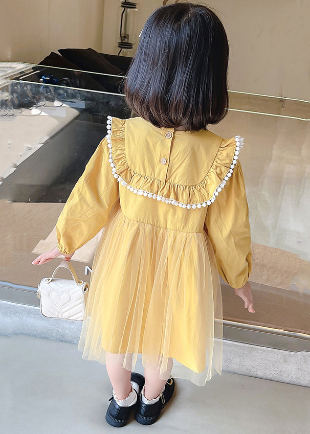 Yellow Button Tulle Patchwork Cotton Kids Dress Long Sleeve