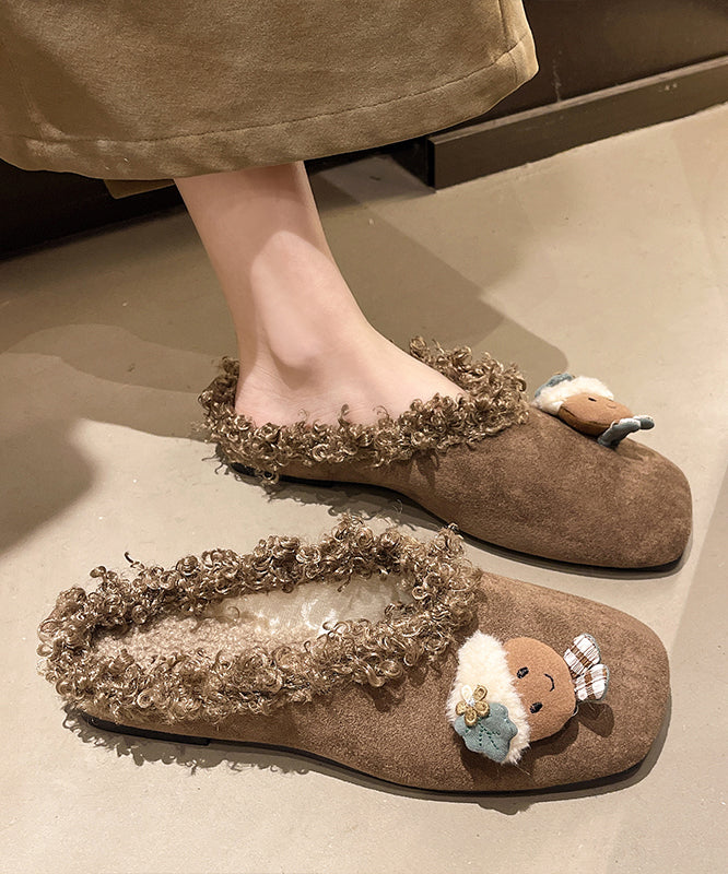 Yellow Cartoon Slippers Shoes Suede Handmade Splicing Fuzzy Wool Lined