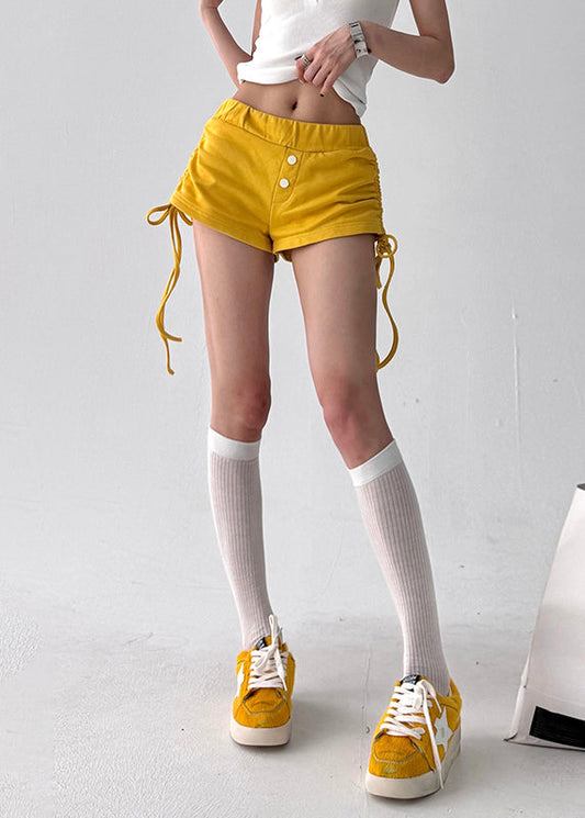 Yellow Cinched Cotton Summer Shorts Elastic Waist