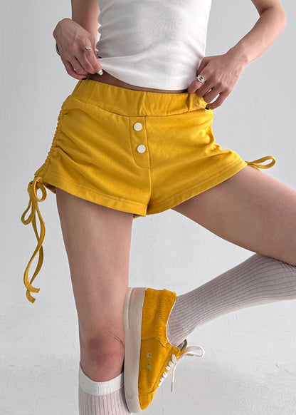 Yellow Cinched Cotton Summer Shorts Elastic Waist