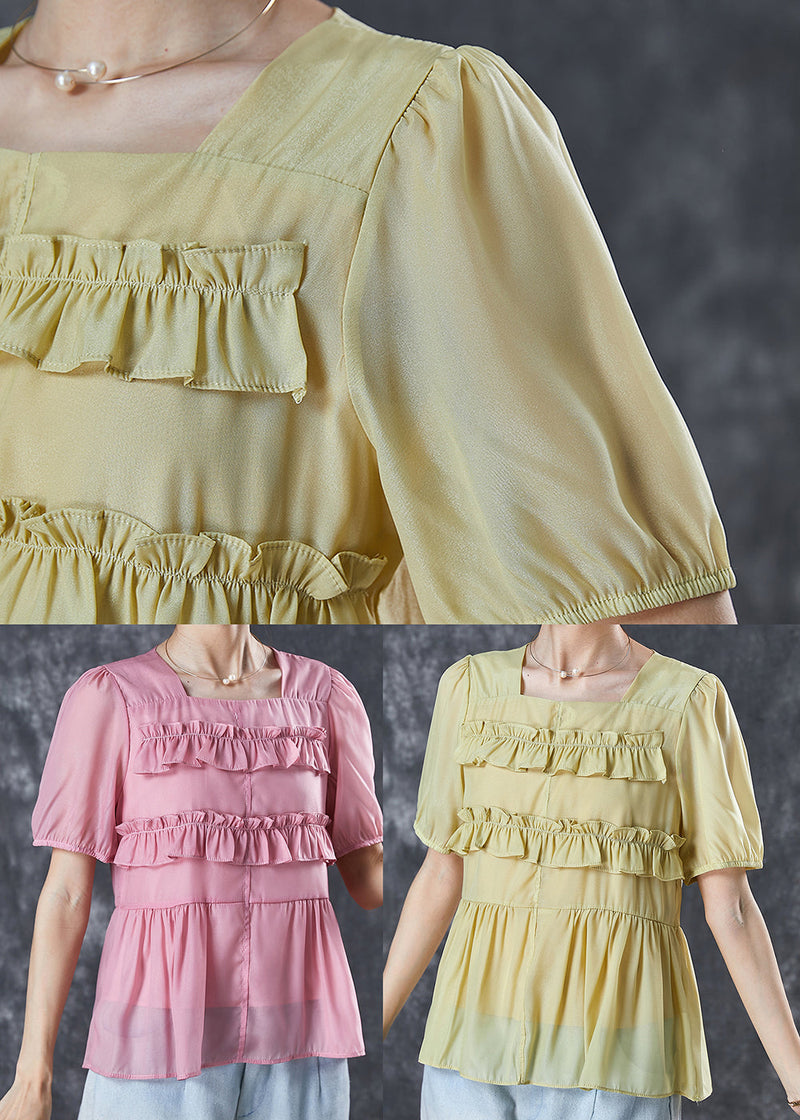 Yellow Cotton Shirts Square Collar Ruffled Summer