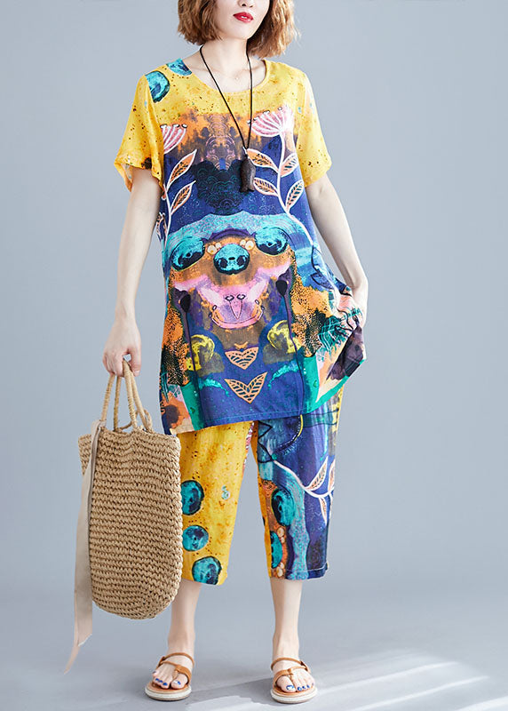 Yellow Cotton Tops and Pants Set Outfits O-neck Summer